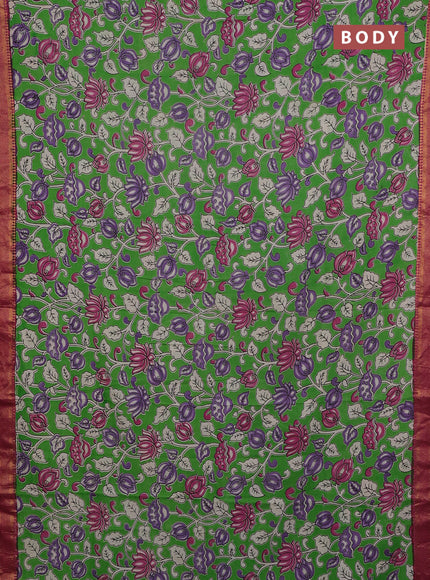 Kalamkari semi silk saree green and pink with allover prints and mangalgiri border