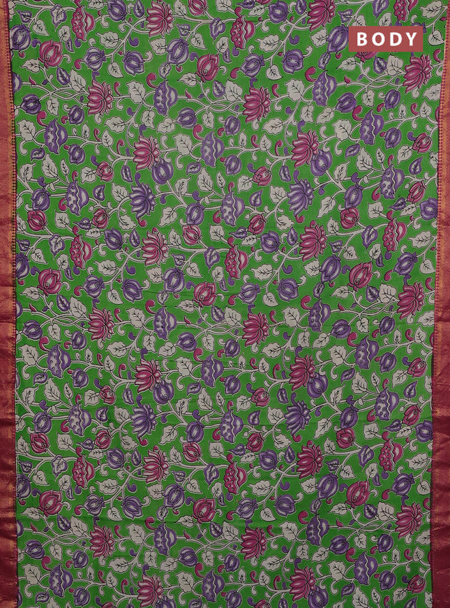 Kalamkari semi silk saree green and pink with allover prints and mangalgiri border