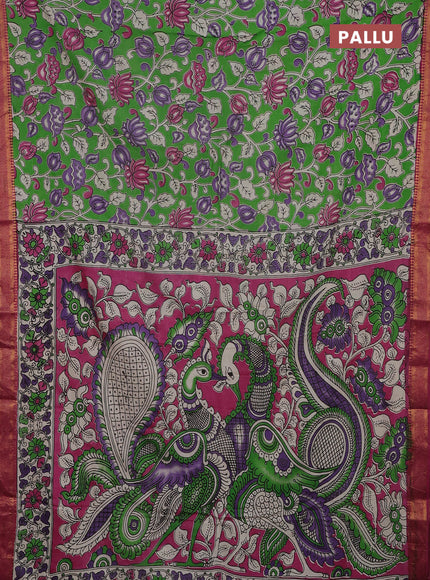 Kalamkari semi silk saree green and pink with allover prints and mangalgiri border