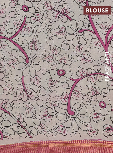 Kalamkari semi silk saree green and pink with allover prints and mangalgiri border