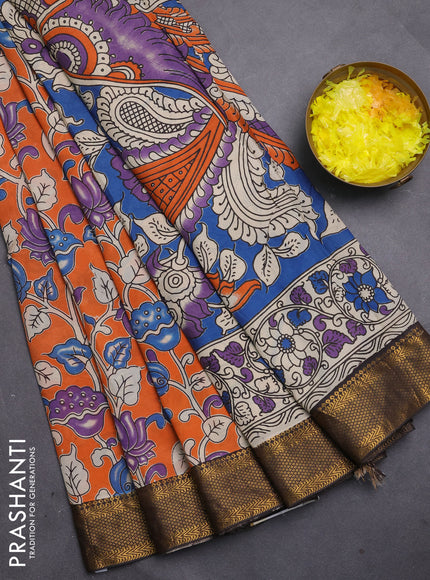 Kalamkari semi silk saree orange and coffee brown with allover prints and mangalgiri border