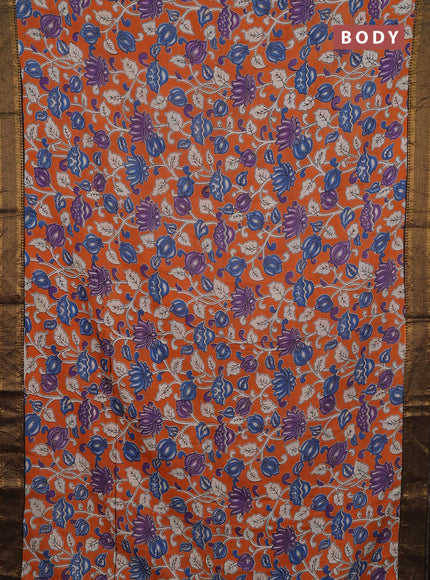 Kalamkari semi silk saree orange and coffee brown with allover prints and mangalgiri border