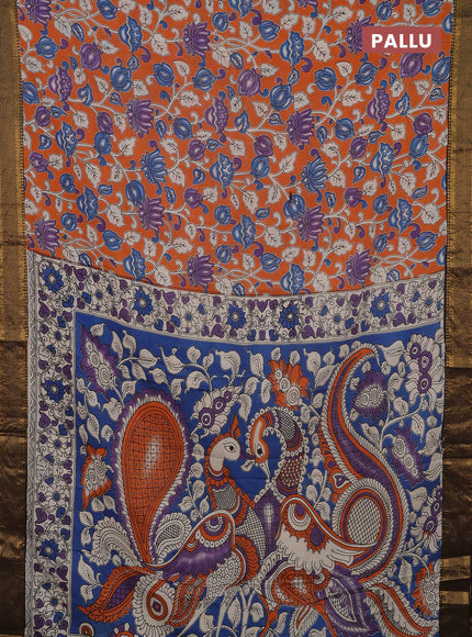 Kalamkari semi silk saree orange and coffee brown with allover prints and mangalgiri border