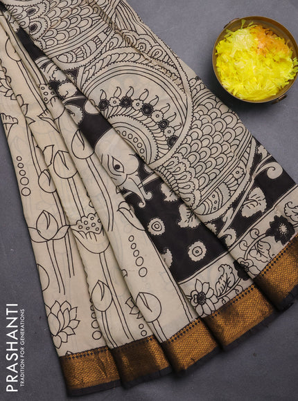 Kalamkari semi silk saree beige and coffee brown with allover prints and mangalgiri border