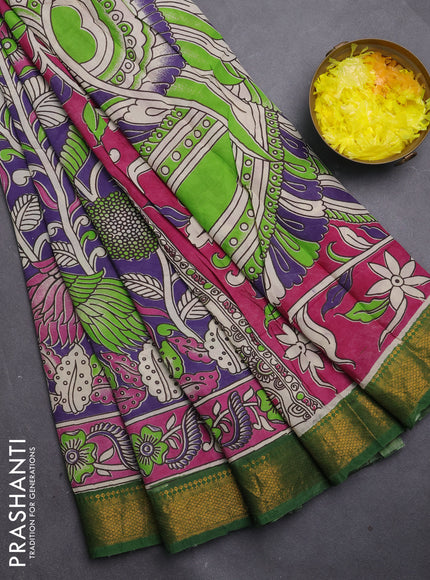 Kalamkari semi silk saree lavender and green with allover prints and mangalgiri border