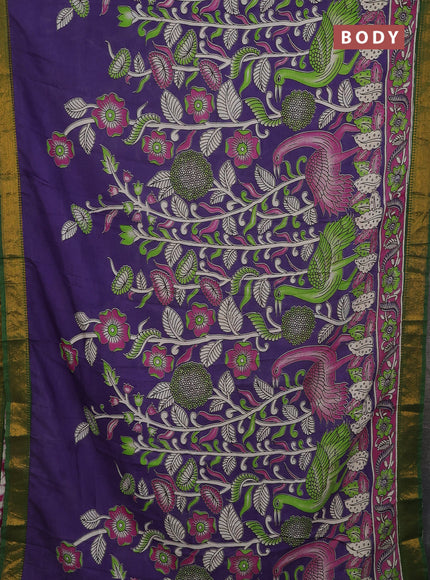 Kalamkari semi silk saree lavender and green with allover prints and mangalgiri border