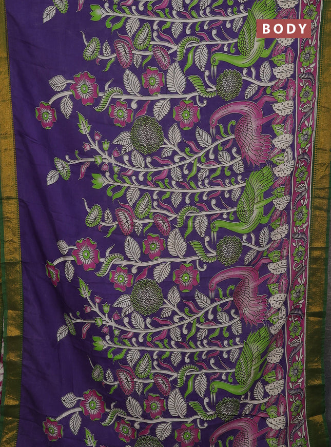 Kalamkari semi silk saree lavender and green with allover prints and mangalgiri border