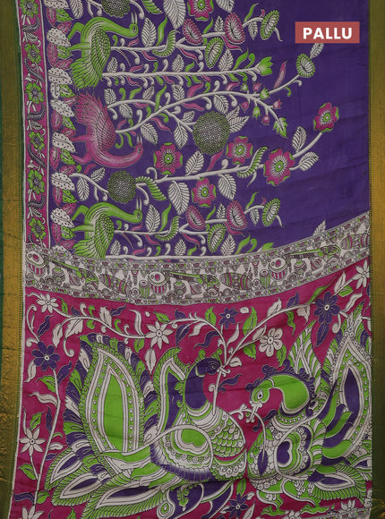Kalamkari semi silk saree lavender and green with allover prints and mangalgiri border