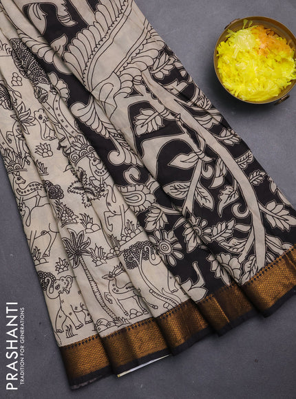 Kalamkari semi silk saree beige and black with allover prints and mangalgiri border