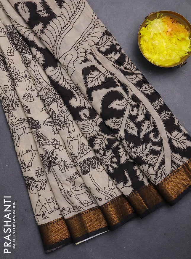 Kalamkari semi silk saree beige and black with allover prints and mangalgiri border