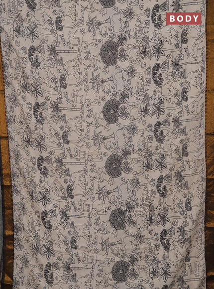 Kalamkari semi silk saree beige and black with allover prints and mangalgiri border