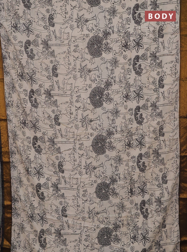 Kalamkari semi silk saree beige and black with allover prints and mangalgiri border