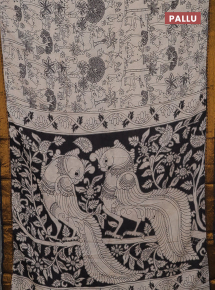 Kalamkari semi silk saree beige and black with allover prints and mangalgiri border