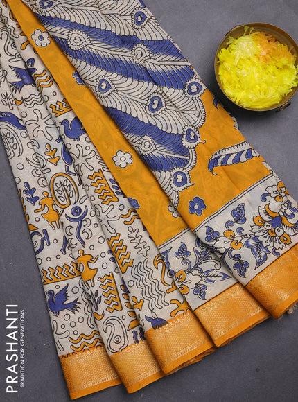 Kalamkari semi silk saree beige and mustard yellow with allover prints and mangalgiri border