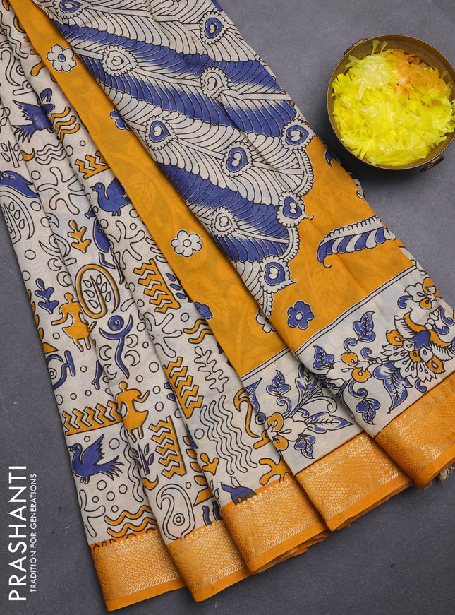 Kalamkari semi silk saree beige and mustard yellow with allover prints and mangalgiri border