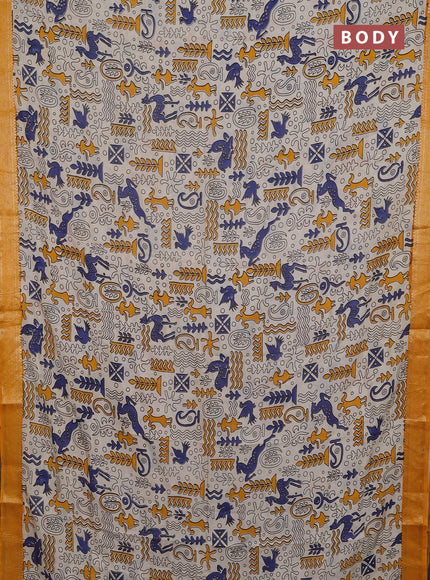 Kalamkari semi silk saree beige and mustard yellow with allover prints and mangalgiri border