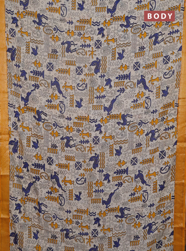 Kalamkari semi silk saree beige and mustard yellow with allover prints and mangalgiri border