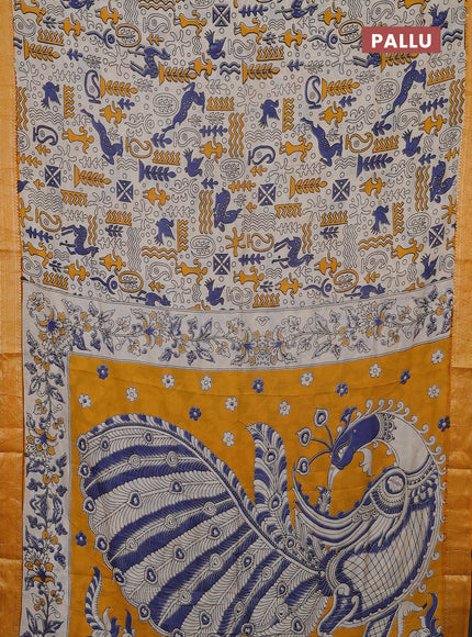Kalamkari semi silk saree beige and mustard yellow with allover prints and mangalgiri border