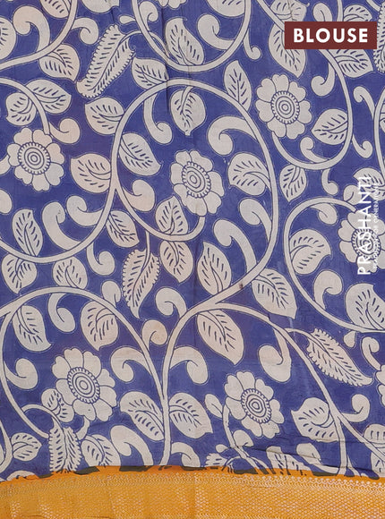 Kalamkari semi silk saree beige and mustard yellow with allover prints and mangalgiri border