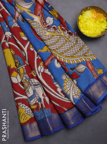 Kalamkari semi silk saree maroon and teal blue with allover prints and mangalgiri border