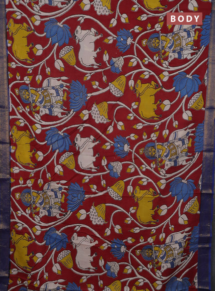 Kalamkari semi silk saree maroon and teal blue with allover prints and mangalgiri border