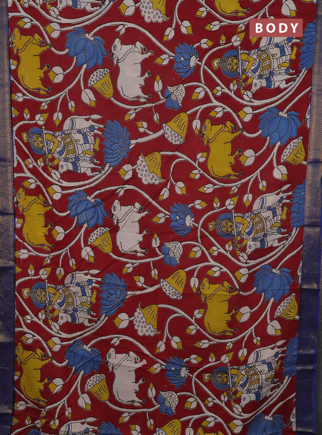Kalamkari semi silk saree maroon and teal blue with allover prints and mangalgiri border