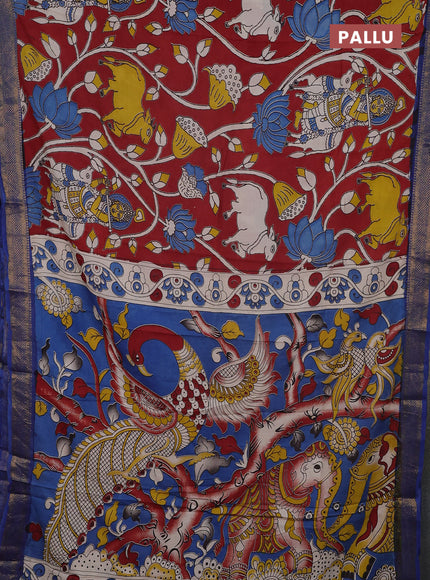 Kalamkari semi silk saree maroon and teal blue with allover prints and mangalgiri border