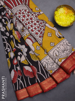 Kalamkari semi silk saree black and maroon with allover prints and mangalgiri border