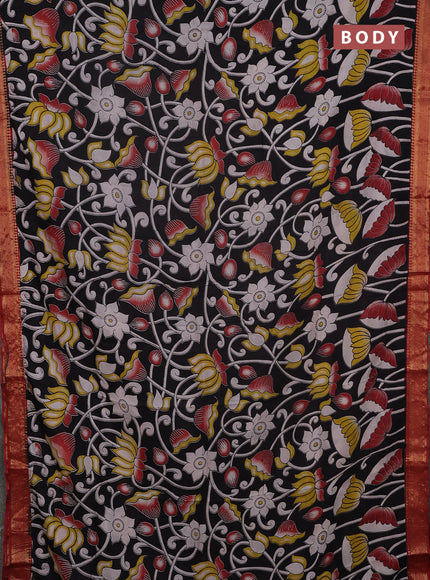 Kalamkari semi silk saree black and maroon with allover prints and mangalgiri border
