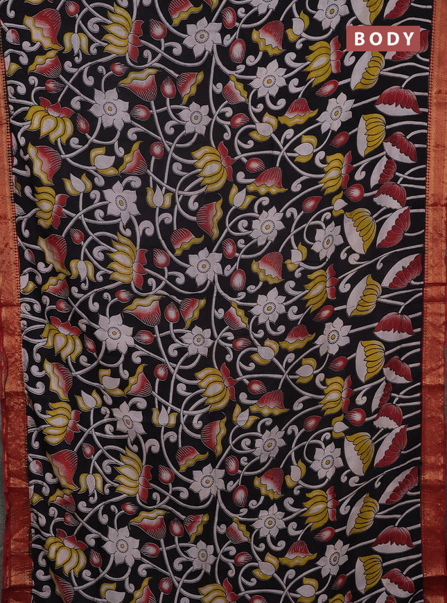 Kalamkari semi silk saree black and maroon with allover prints and mangalgiri border