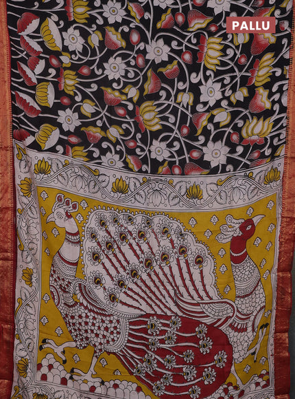 Kalamkari semi silk saree black and maroon with allover prints and mangalgiri border