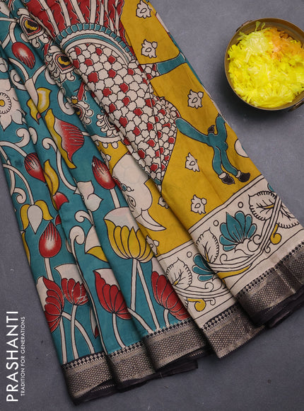Kalamkari semi silk saree peacock green and black with allover prints and mangalgiri border