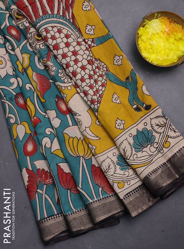 Kalamkari semi silk saree peacock green and black with allover prints and mangalgiri border