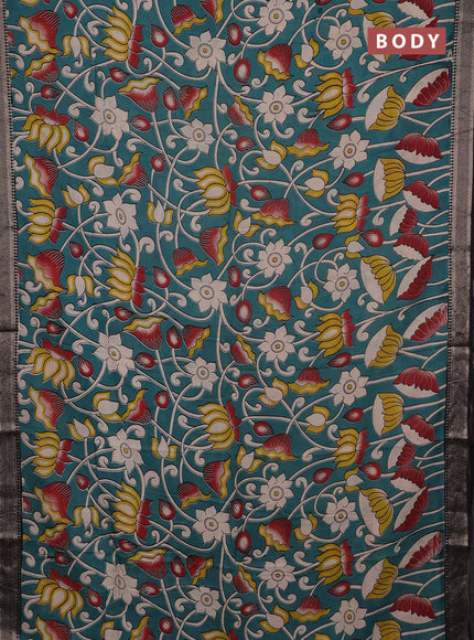 Kalamkari semi silk saree peacock green and black with allover prints and mangalgiri border