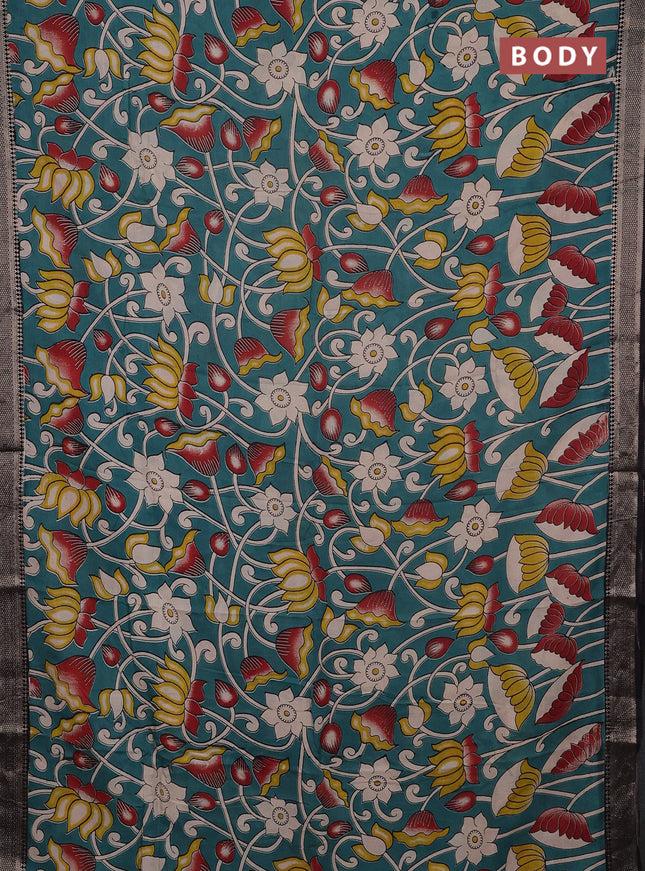 Kalamkari semi silk saree peacock green and black with allover prints and mangalgiri border