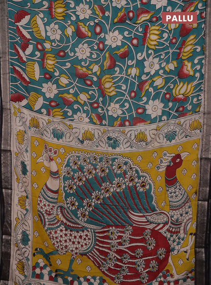 Kalamkari semi silk saree peacock green and black with allover prints and mangalgiri border
