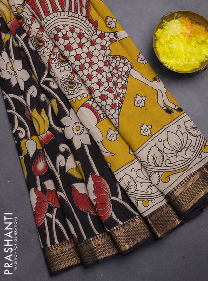 Kalamkari semi silk saree black with allover prints and mangalgiri border