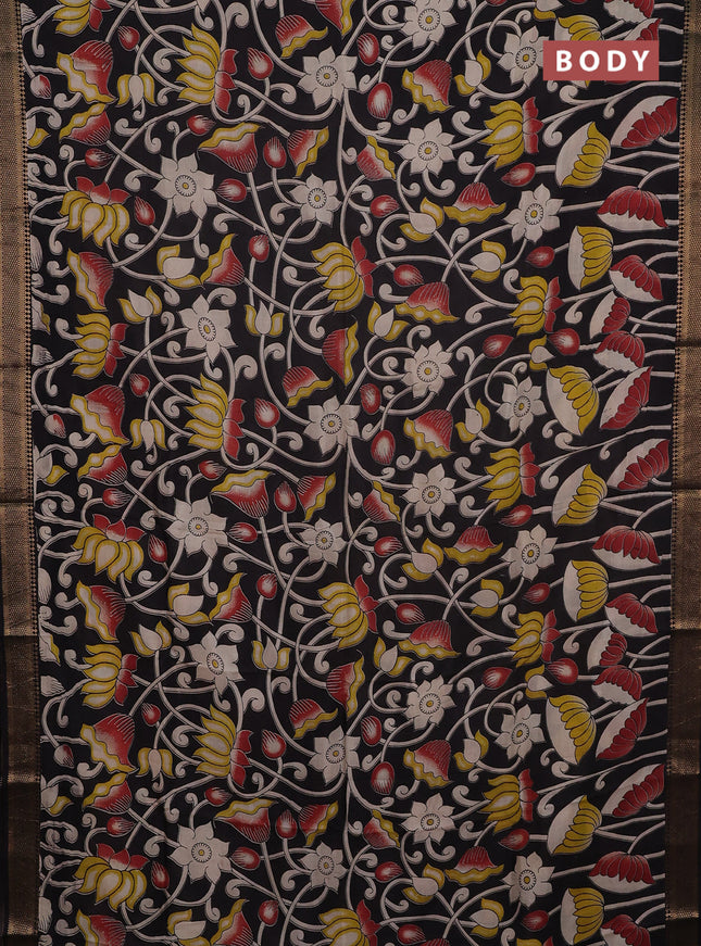 Kalamkari semi silk saree black with allover prints and mangalgiri border
