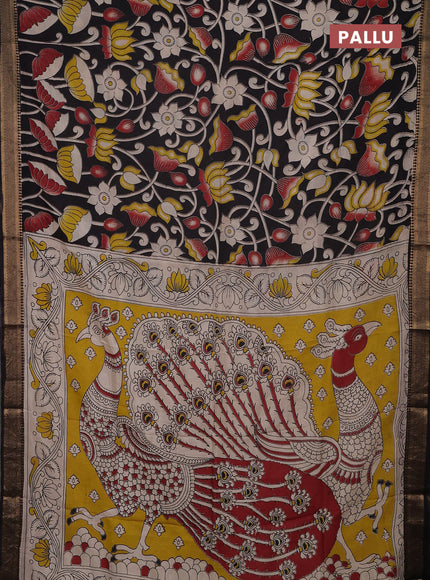 Kalamkari semi silk saree black with allover prints and mangalgiri border