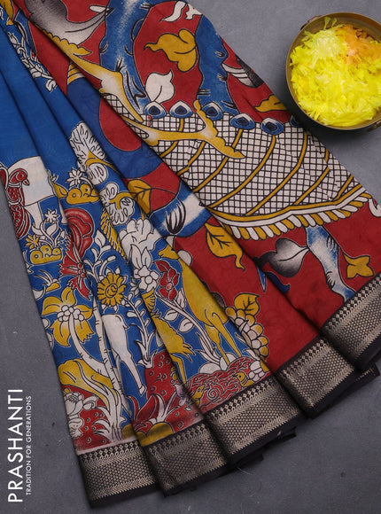 Kalamkari semi silk saree cs blue and black with allover prints and mangalgiri border