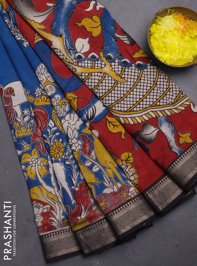Kalamkari semi silk saree cs blue and black with allover prints and mangalgiri border