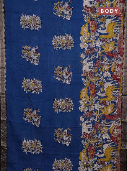 Kalamkari semi silk saree cs blue and black with allover prints and mangalgiri border