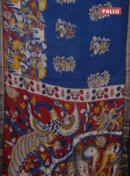 Kalamkari semi silk saree cs blue and black with allover prints and mangalgiri border