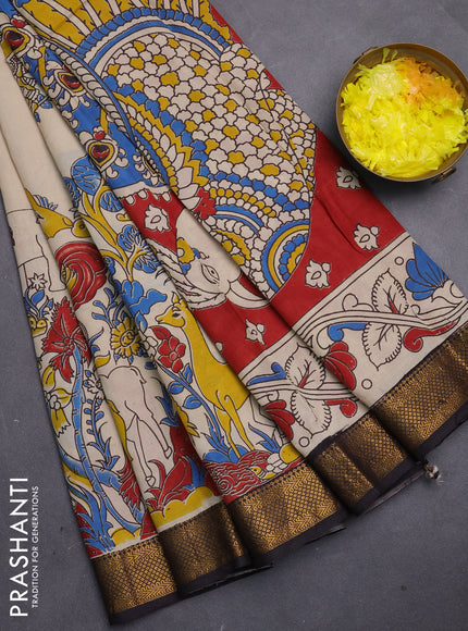 Kalamkari semi silk saree beige and black with allover prints and mangalgiri border