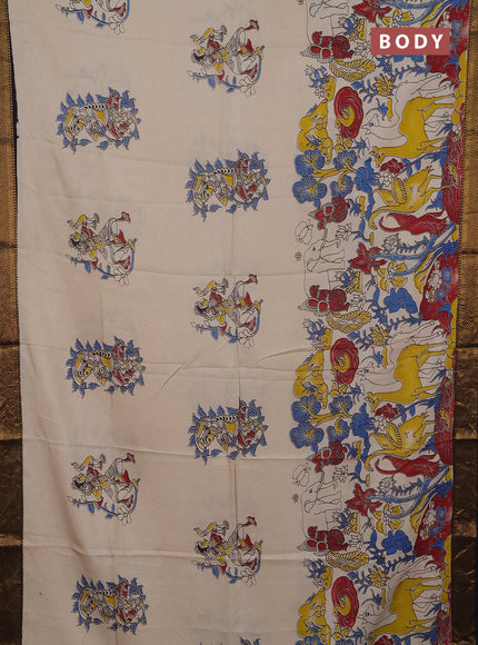 Kalamkari semi silk saree beige and black with allover prints and mangalgiri border