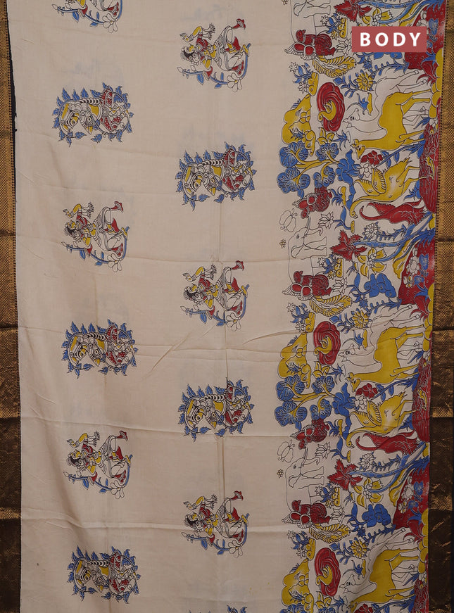 Kalamkari semi silk saree beige and black with allover prints and mangalgiri border