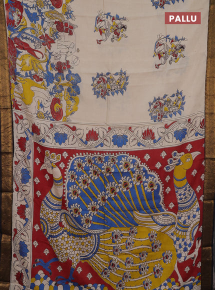 Kalamkari semi silk saree beige and black with allover prints and mangalgiri border