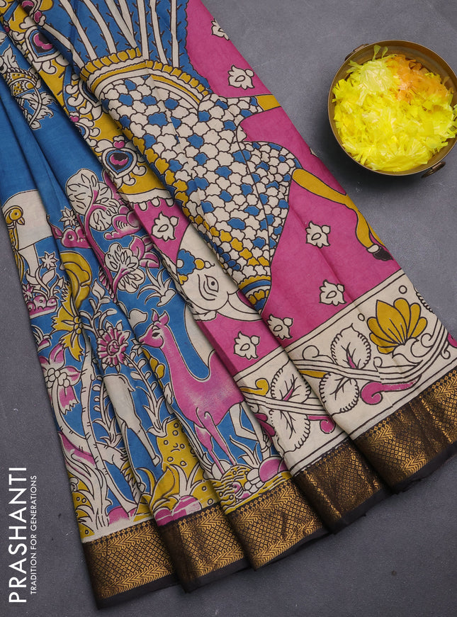 Kalamkari semi silk saree cs blue and black with allover prints and mangalgiri border
