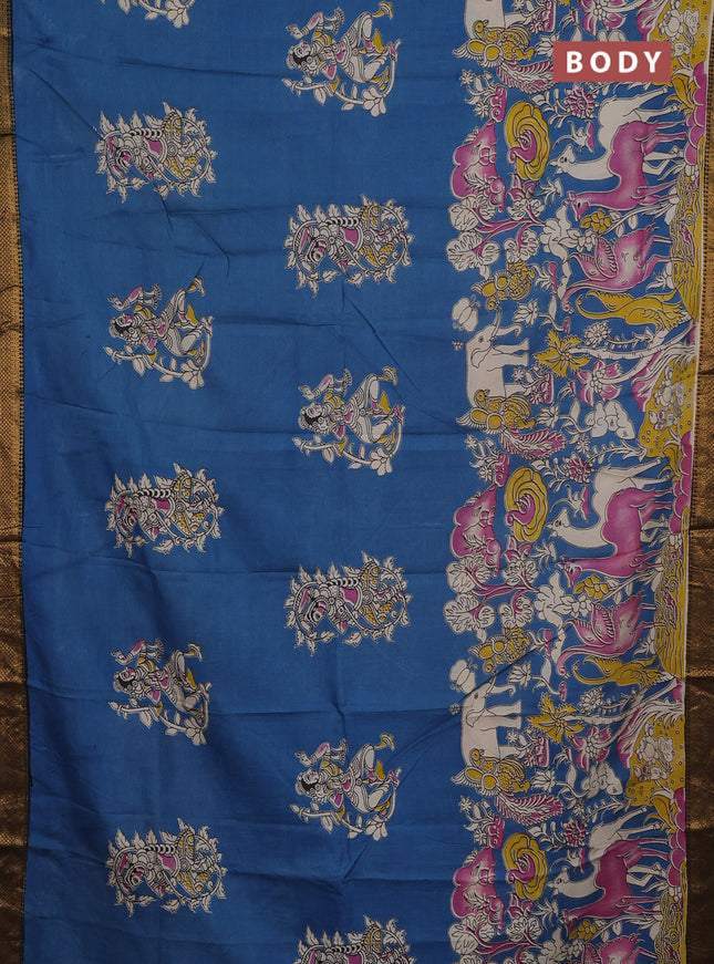 Kalamkari semi silk saree cs blue and black with allover prints and mangalgiri border