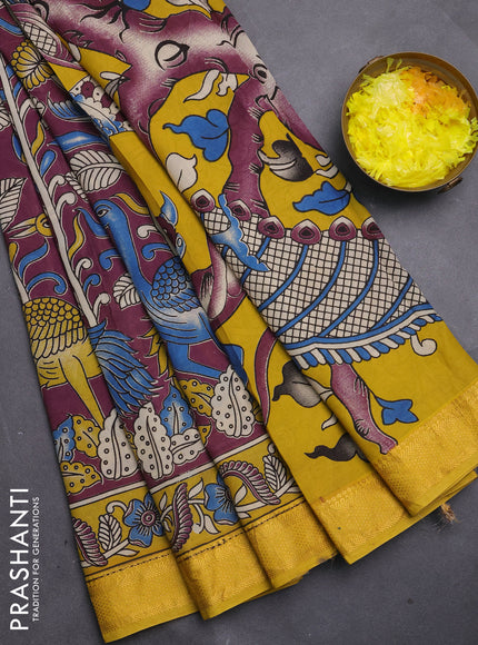 Kalamkari semi silk saree wine shade and mustard yellow with allover prints and mangalgiri border